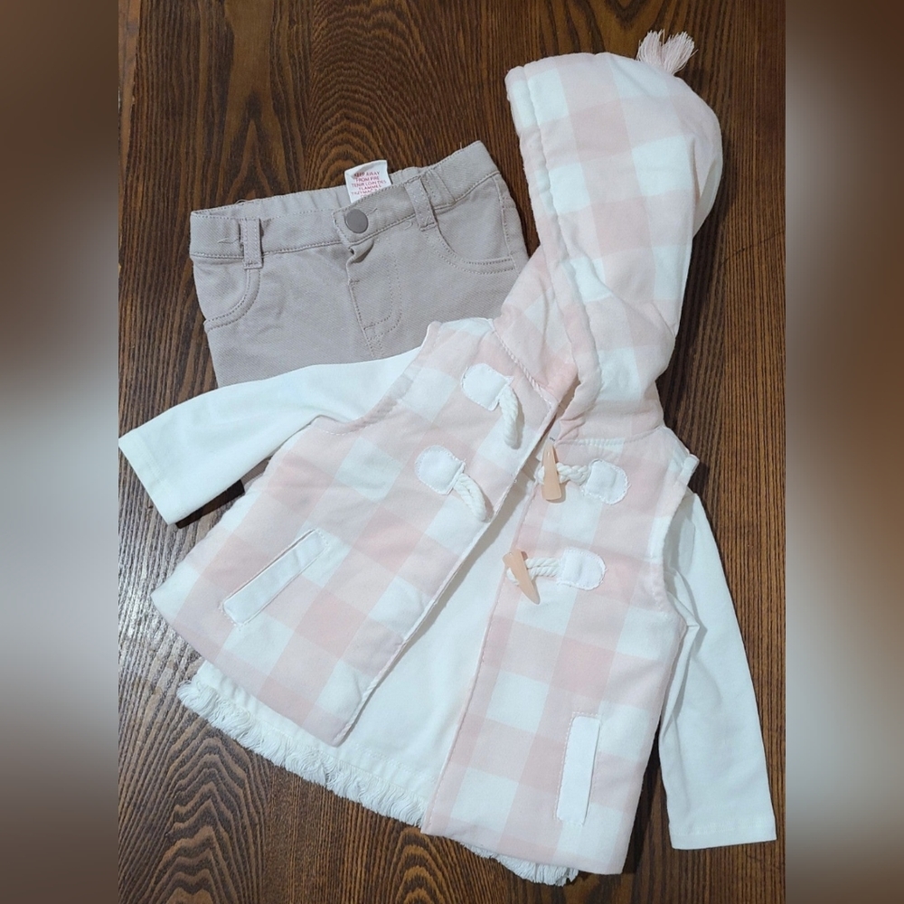 Baby girl outfit, pink plaid puffer vest, top and pants, 3-6 months